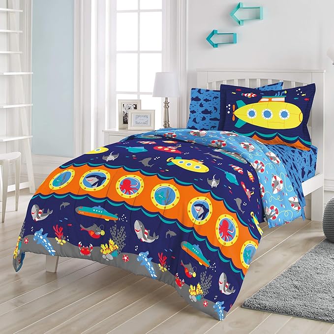 dream FACTORY Kids 5-Piece Complete Set Easy-Wash Super Soft Microfiber Comforter Bedding, Twin, Navy Submarine