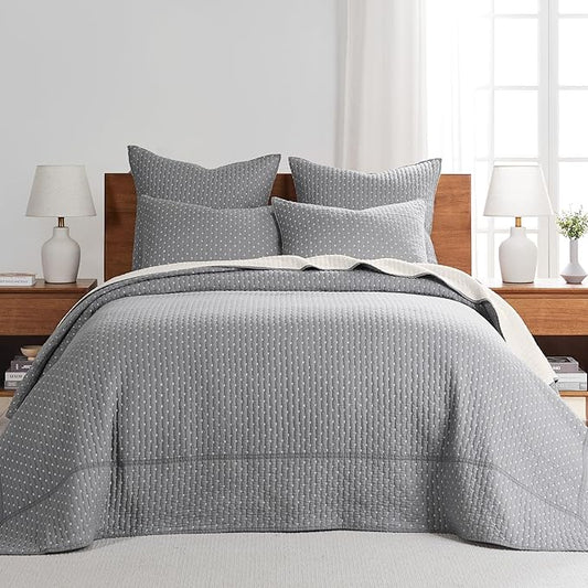 Levtex Home Cross Stitch Reversible Queen Bedspread Set (104x106in) with 2 Pillow Shams (26x20in) - Stitch Texture - Grey and White - Cotton Queen Size Bedspread Set - Lightweight, Soft, Pre-Washed