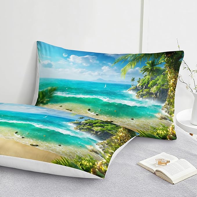 Bedbay Tropical Beach Comforter Set Queen Size Coastal Island Bedding Holiday Hawaii Style Bedding Set Soft Microfiber Summer Lightweight Comforter 4 Pcs Beach Theme Quilt Set for All Seasons