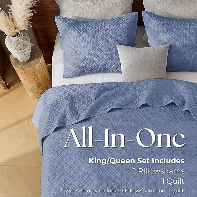 DOWN HOME Twin Quilt Set with Sham Lightweight Quilted Bedspread Coverlet Thin Comforter Bed Cover Vintage Washed Quilted Blanket for All Season, Brushed Microfiber Diamond Stitching, Blue, 66"x92"