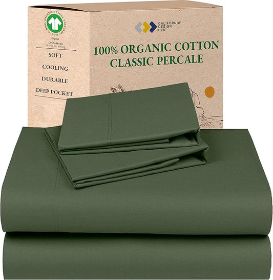 California Design Den Soft 100% Organic Cotton Bed Sheets California King Size Set with Deep Pockets - Crisp Percale Sheets, Breathable and Durable Bedding Set - Olive Green