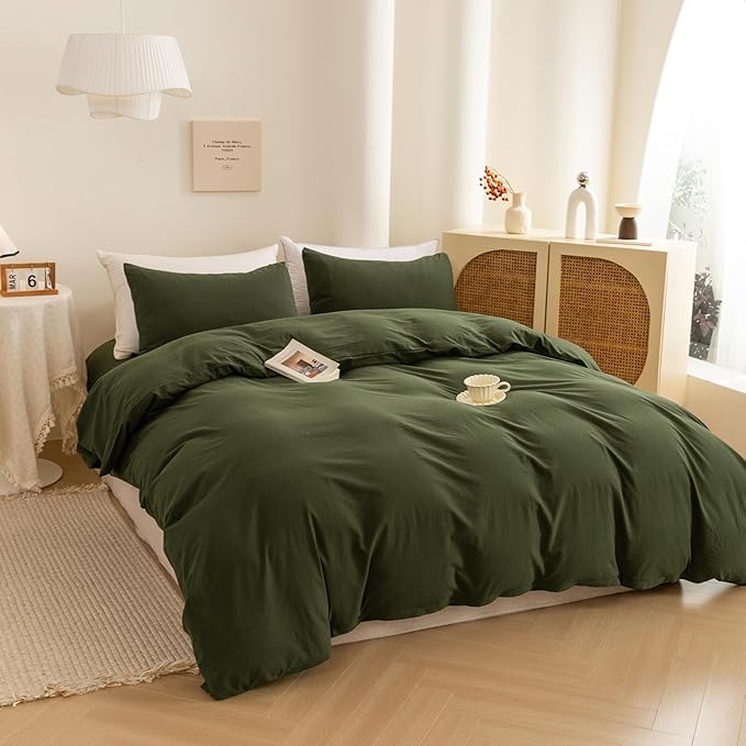 ECOCOTT 3 Pieces Duvet Cover King 100% Washed Cotton 1 Duvet Cover with Zipper and 2 Pillowcases, Ultra Soft and Easy Care Breathable Cozy Simple Style Bedding Set (Avocado Green)