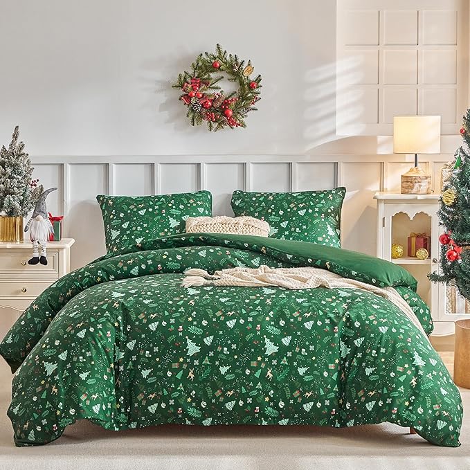 Lekesky Christmas Duvet Cover Queen Size,3 Pieces Reversible Duvet Cover Set with Red Snowflake Holiday Bedding Set with Zipper and 8 Corner Ties (Queen,90"x90"),Green