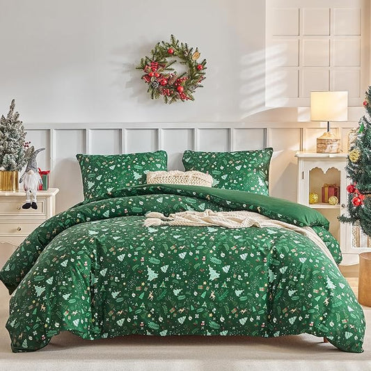 Lekesky Christmas Duvet Cover Queen Size,3 Pieces Reversible Duvet Cover Set with Red Snowflake Holiday Bedding Set with Zipper and 8 Corner Ties (Queen,90"x90"),Green