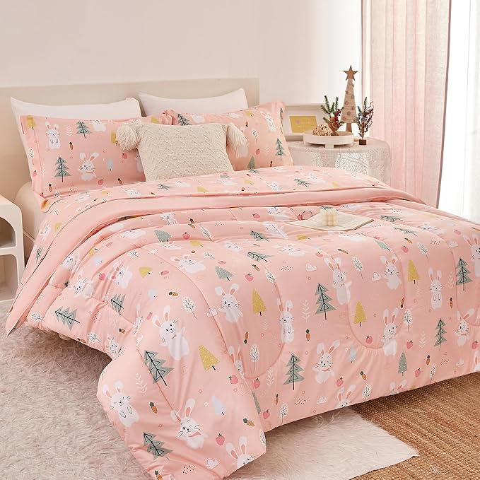 Yibeizi Pink Bunny Kids Comforter Set for Girls Twin, Cute Quilted Printed Woodland Bedding Set with Pillow Sham, Lightweight Soft Breathable Machine Washable Bed Set 2 Piece