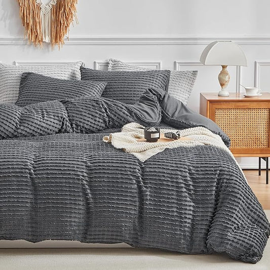 WARMDERN Boho Duvet Cover Set King Size,Dark Grey Striped Duvet Cover Microfiber Bedding Set,3PCS Ultra Soft Breathable Lightweight Tuft Texture Duvet Covers with Zipper Closure(Dark Grey,King)