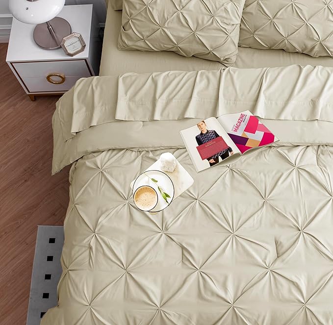 LANE LINEN Full Size Bed in a Bag Comforter - Set of 7 Piece - All-Season Luxury Down Alternative - Classic Pintuck All in One Bedding Collection - Ideal Bedding for Apartments & First Homes – Linen | Timeless style, Breathable comfort, Light cozy fill...