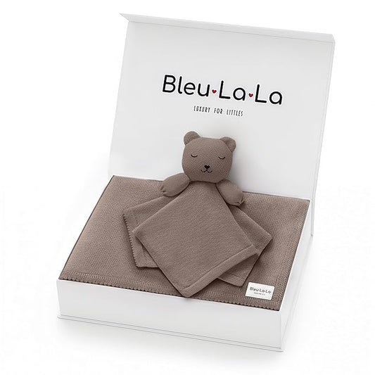 Baby Gift Set - Organic Cotton Newborn Blanket Essentials, Thoughtful Baby Shower & New Baby Gift for Boys & Girls (Lovey - Bear - Milk Chocolate)