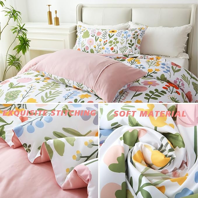 Queen Comforter Set Pink 3 Pieces Bed in a Bag, Colorful Floral Bedding Sets Elegant Botanical Bed Set, Lightweight Soft Comforter with 2 Pillowcases for All Season