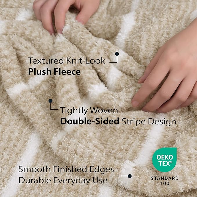 DEZ FURNISHINGS Oversized Cozy Knit Look Cloud-Soft Plush Printed Fleece Throw Blanket, Lightweight & Breathable, Queen (90" x 90"), Khaki Stripe