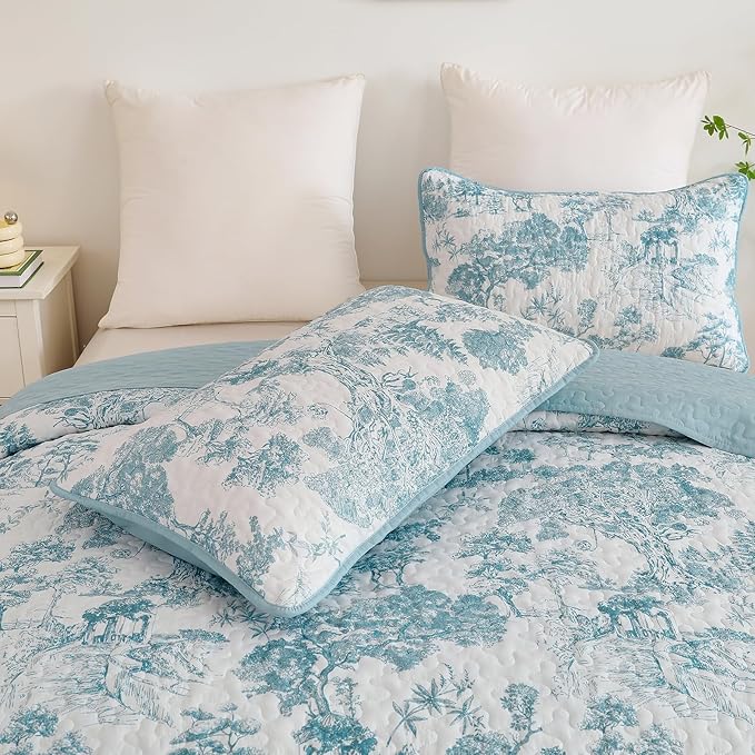 WONGS BEDDING Botanical Quilt Set King Size, Blue 3 Pieces Toile Floral Plants Printed Bedspread Bedding Set Soft Lightweight Microfiber Coverlet Set for All Season (104"x90")
