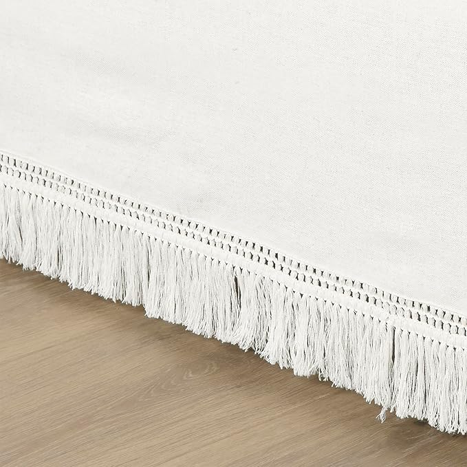 Lush Decor Boho Fringe 15-Inch Tailored Drop Easy Fit Bed Skirt Queen Size Single 60" W x 80" L +15" Pure White - Queen Bed Skirt - Wrap Around Bed Skirt