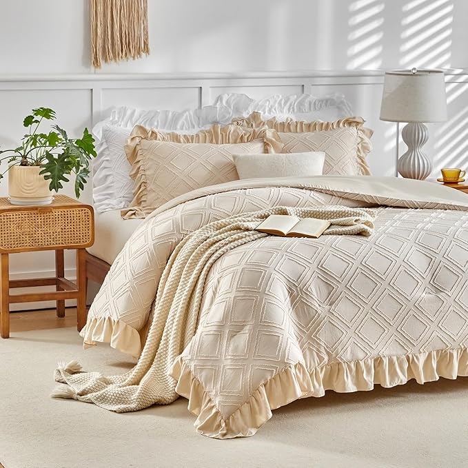 Flysheep Tufted Grids Ruffle Comforter Set Twin Size, 3 Pieces Beige Vintage Farmhouse Shabby Chic Comforters, Jacquard Boho Bohemian Bedding Set for Kids (1 Ruffled Comforter+ 2 Pillow Shams)