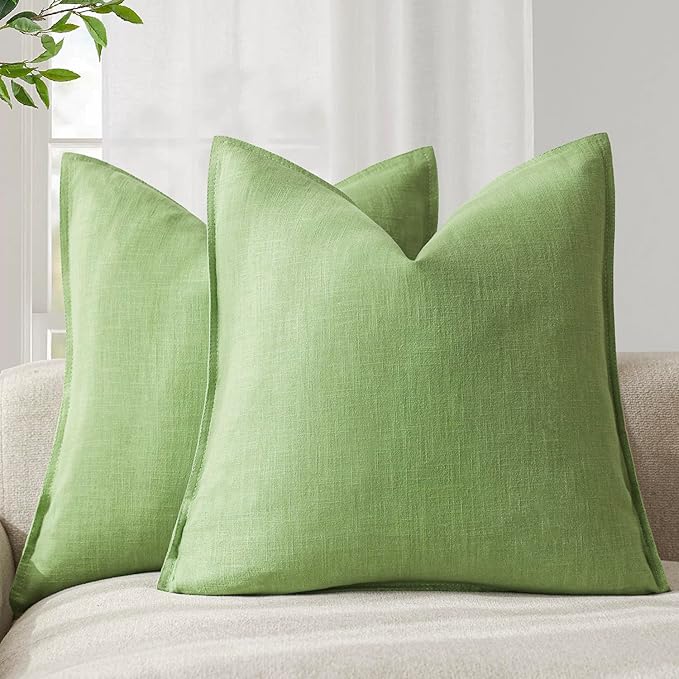 Foindtower Pack of 2, Decorative Linen Soild Throw Pillow Covers Soft Accent Euro Cushion Case Boho Farmhouse Pillowcase for Chair Couch Sofa Bedroom Living Room Home Decor 26 x 26 Inch Lime Green
