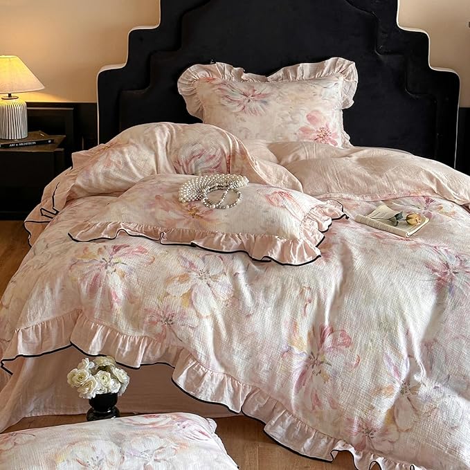 HighBuy French Ruffle Duvet Cover Queen Size,Pink Floral Chic Cottagecore Bedding Set Linen Breathable for Hot Sleepers,Yarn-Dyed Textured Comforter Cover Set - 1 Duvet Cover 2 Pillowcases