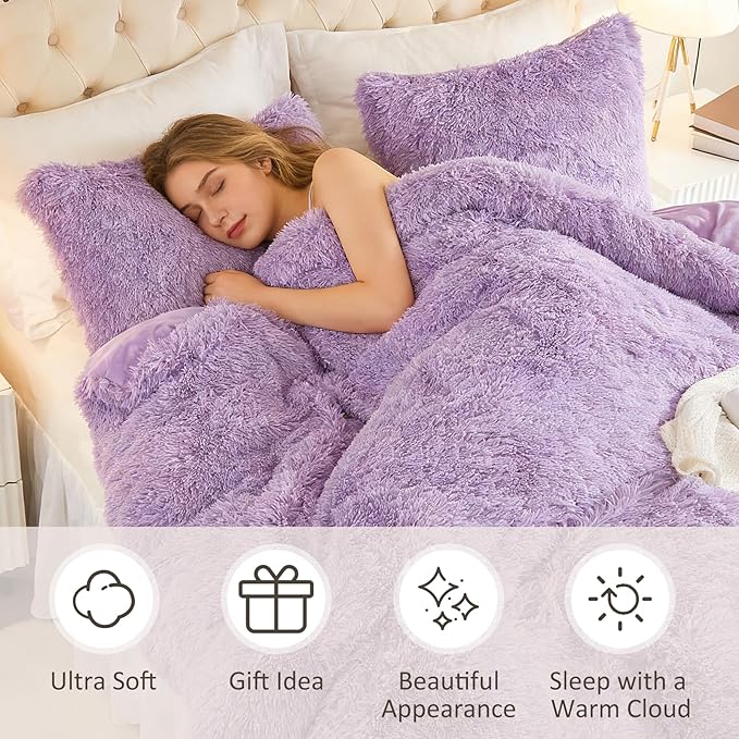 EMME Luxury Purple Fuzzy Duvet Cover Set King Size 3 Pieces Fluffy Comforter Cover Set for King Bed Shaggy and Plush Soft Bedding Duvet Covers (Purple, King)