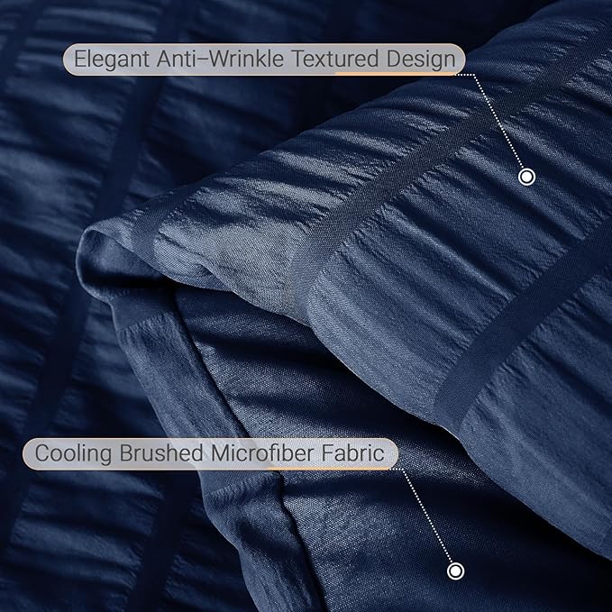 MUXHOMO 7 Pieces Queen Comforter Set, Seersucker Bed in a Bag Queen Size, All Season Luxury Bedding Set with Comforter, Flat Sheet, Fitted Sheet, Pillowcases & Shams, Navy Blue