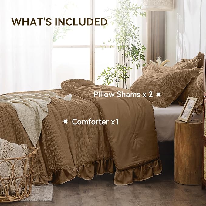 JOLLYVOGUE King Size Comforter Set, 3 Pieces Oak Brown Seersucker Comforters King Size, Lightweight & Fluffy Bedding Sets King for All Season with 1 Ruffle Comforter and 2 Ruffle Pillowshams