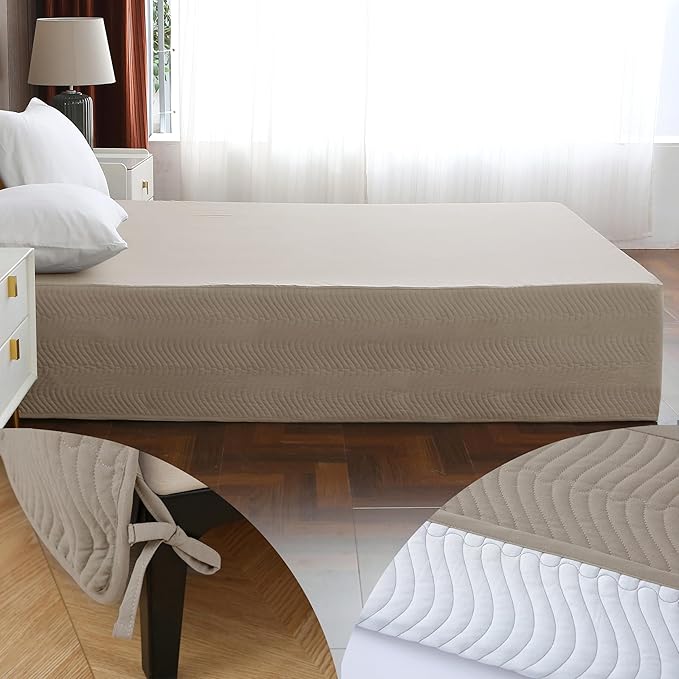 Full Bed Skirt-Box Spring Cover with 14 Inch Tailored Drop,Wrinkle and Fade Resistant Hotel Wrap Around Bed Skirts,Bed Frame Cover (Wave Pattern Light Khaki, Full)