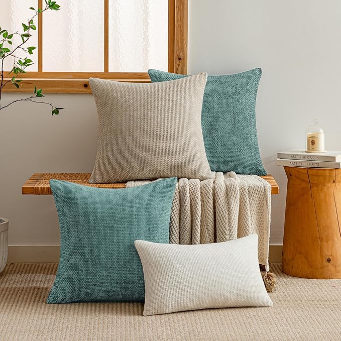 a moment Teal Chenille Throw Pillow Covers 22x22 Inch Pack of 2 Modern Decorative Throw Pillow Covers Farmhouse Cross Covers Home Decor for Sofa Bedroom Living Room