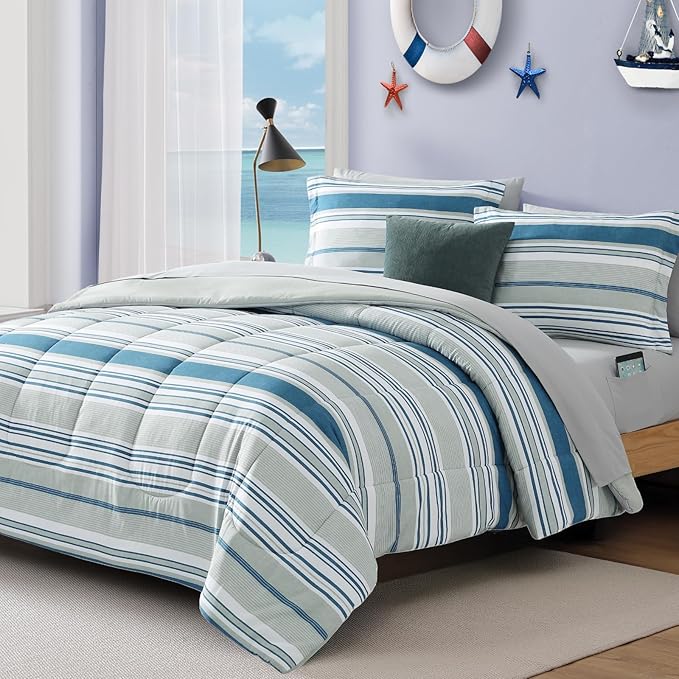 Queen Comforter Set Striped, Royal Blue Bedding Set 7 Pieces for Boys Girls Teen, All Season Bed in a Bag for Dorm with Sheets, Pillowcases & Shams