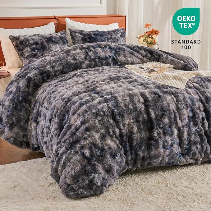EMME Faux Fur Duvet Cover Queen Size, 3 Pieces Ultra Soft Fluffy Comforter Cover, Cozy Warm for Winter, Luxury Shaggy Bubble Design Bedding, 1 Duvet Cover & 2 Pillow Shams (Queen, Tie Dye Dark Grey)