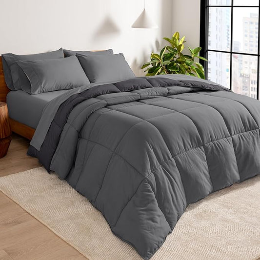 Bare Home Reversible Bed-in-A-Bag Comforter & Sheet Set - King - Down Alternative - Soft - Bedding Set (King, Grey/Forged Iron Grey, Grey)
