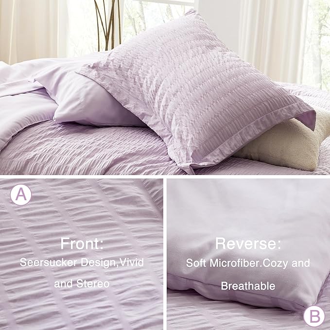 Love's cabin Seersucker Lavender King Size Comforter Set, 7-Piece All Season Lightweight Bed in a Bag Bedding Set with Comforter, Flat Sheet, Fitted Sheet, Pillowcases and Shams | Soft, Breathable, Lightweight