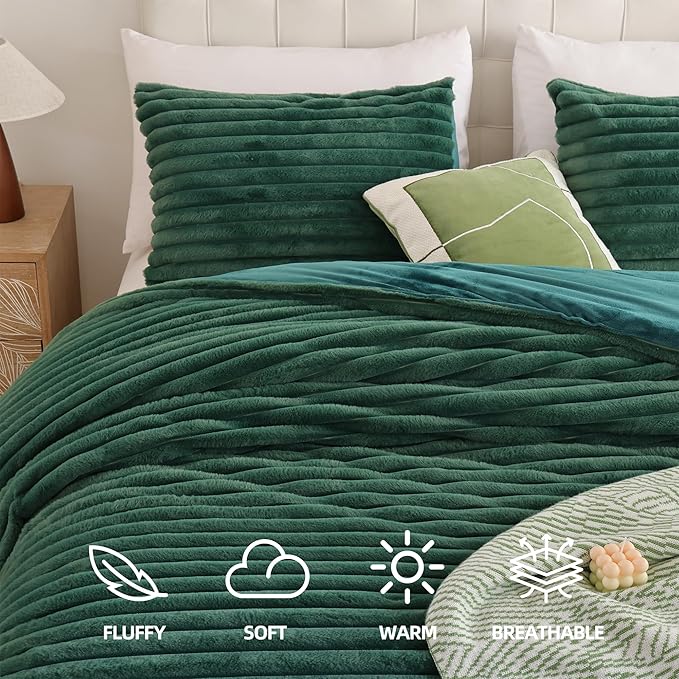 Smoofy Fluffy Twin Comforter Sets 2 Pieces - Dark Green Fleece Fluffy Comforter Set, Luxury Fuzzy Twin Bedding Set, Soft Warm Comforter All Season, Heavy Faux Fur Comforter with Pillow Cases