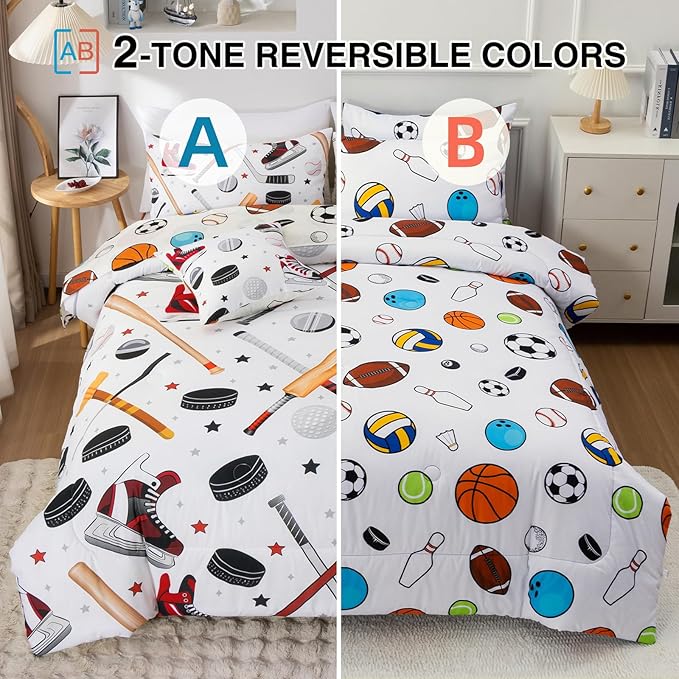 A Nice Night 6Pcs Full Sports Bedding Set for Boys, Full Comforter with Ice Skates, Baseball Bat & Hockey Design(White)
