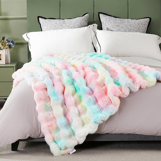 DREAMNINE Oversized Colorful Soft Thick Bubble Faux Fur Throw Blanket Twin Size 60" x 70", Luxury Big Fuzzy Bed Blankets,Warm Cozy Furry Blanket for Winter,Cute Lovely Blankets for Girl Women,Rainbow