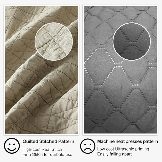 HORIMOTE HOME Quilt Set Queen Size, Stone-Washed Chic Rustic Beige Coverlet with Classic Triangle Stitched Pattern, Ultra Soft Lightweight Quilted Bedspread for All Season, 3 Pieces