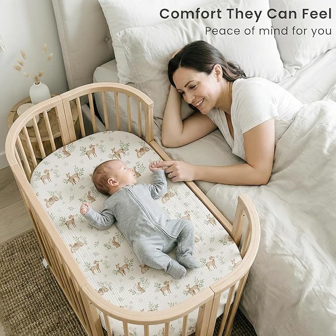 Konssy 2 Pack Muslin Bassinet Sheets for Boys, Girls, 100% Cotton Soft Breathable Fitted Bassinet Mattress Sheet, 33 x 21 inches (Woodland,Sage)
