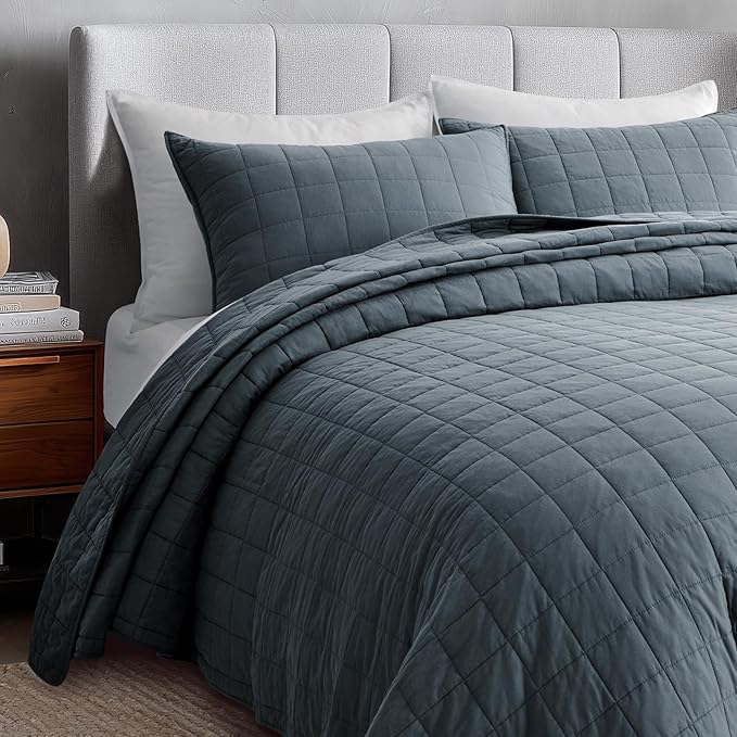 EVERGRACEHOME 100% Cotton Box Stitch Quilt Bedding Set King Size 3 Pieces, Garment-Washed Lightweight Soft Cozy Coverlet, Oversized Quilted Bedspread Sets with 2 Shams for All Season, Midnight Blue