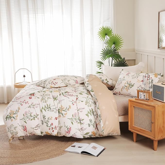 OAITE Duvet Cover Twin Size - 100% Cotton Comforter Cover Floral Duvet Cover Sets 3-PC, Breathable Duvet Cover with Zipper Closure & Corner Ties