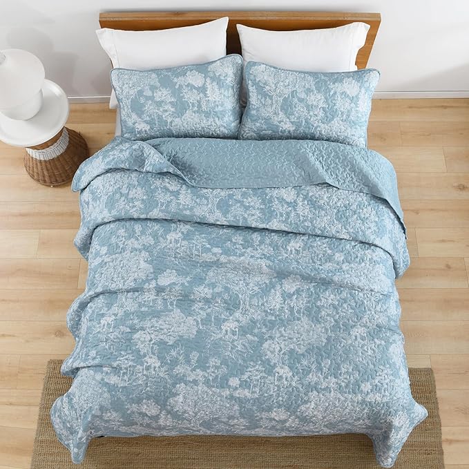 WONGS BEDDING Botanical Quilt Set King Size, Aqua 3 Pieces Toile Floral Plants Printed Bedspread Bedding Set Soft Lightweight Microfiber Coverlet Set for All Season (104"x90")