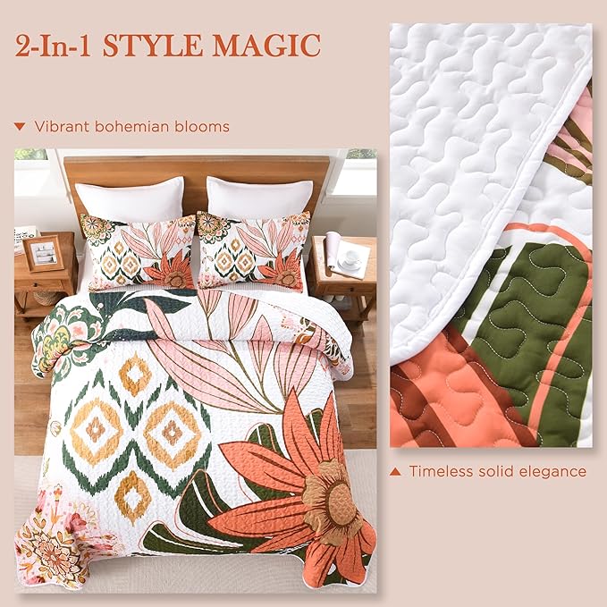 Andency Floral Boho Quilt King Size Bedding Set Pink, 3 Pieces Farmhouse Flower Botanical Summer Bedspreads with 2 Shams, Soft Reversible Lightweight Microfiber Coverlet Set for All Season, 106"x96"