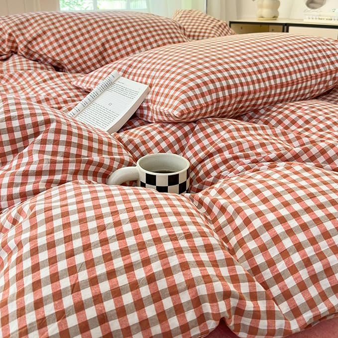 LifeTB Gingham Comforter Set Full Modern Style Red Orange Grid Plaid Comforter Soft Fluffy 3 Pieces Checkered Pattern Comforter Set Farmhouse Orange Gingham Bedding Comforter with 2 Pillowcases