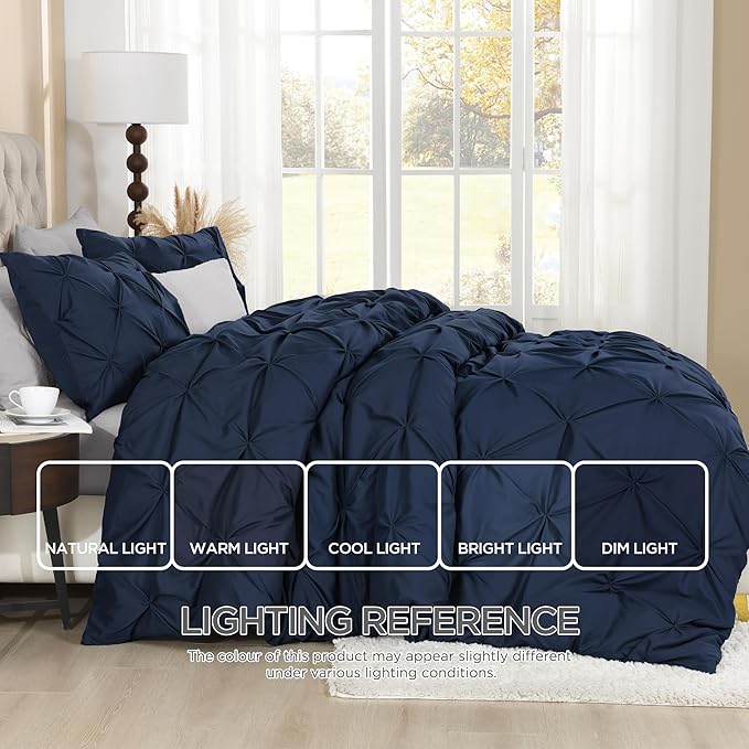Litanika Navy Blue Oversized Queen Pinch Pleat Duvet Cover, 3 Pieces Pintuck Cover Soft Microfiber Bedding Set with Zipper Closure & Corner Ties(1 Duvet Cover, 2 Pillowcases)