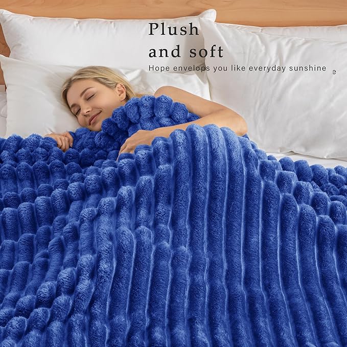Exclusivo Mezcla Twin Size Flannel Fleece Blanket, Super Soft Striped Jacquard Bed Blanket, Lightweight Fuzzy Cozy for All Seasons, 60x80 Inches, Cobalt Blue