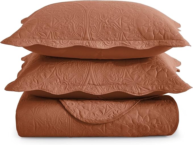 MOONLIGHT20015 Twin Quilt Bedding Set Size (66" x 86 ") + 1 Pillow Shams (20" x 26" + 2") - 2 Pcs All Season Lightweight Reversible Microfiber Coverlet Floral Embossed Quilt Bedspread (Rust)