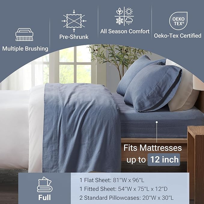 True North by Sleep Philosophy Cozy Flannel Warm 100% Cotton Sheet - Novelty Print Animals Stars Cute Ultra Soft Cold Weather Bedding Set, Full, Blue Solid 4 Piece