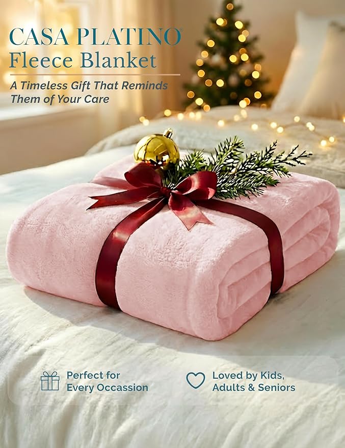 Casa Platino Fleece Blanket Queen Size – 300 GSM Pink Fleece Throw for Bed or Couch – Soft Cozy Warm Holiday Bed Blanket for Winter, Fuzzy Plush Elegant Gifts for Men & Women - 90x90 Inch