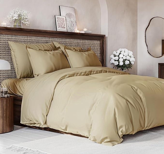 Duvet Cover Full Size - Extra Soft Full Size Duvet Cover - Lightweight, Breathable & Cozy - Easy Care & Fade Free with Zipper Closures & Ties - 80" x 90" Inches - (Beige) Comforter Not Included