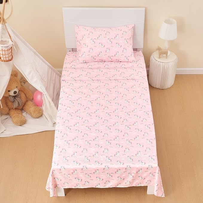Kids Sheet Set Full Size, Full Sheet Set with Pink Unicorn Pattern，Breathable Silky Soft Microfiber Kids Fitted Sheet