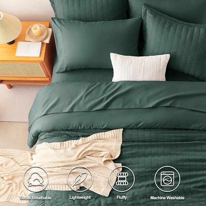 CozyLux Twin Comforter Set with Sheets 5 Pieces, Forest Green Seersucker Textured Bed in a Bag, Luxury Soft Bedding Set with Down Alternative Comforter, Sheets, Pillowcases & Shams for All Seasons
