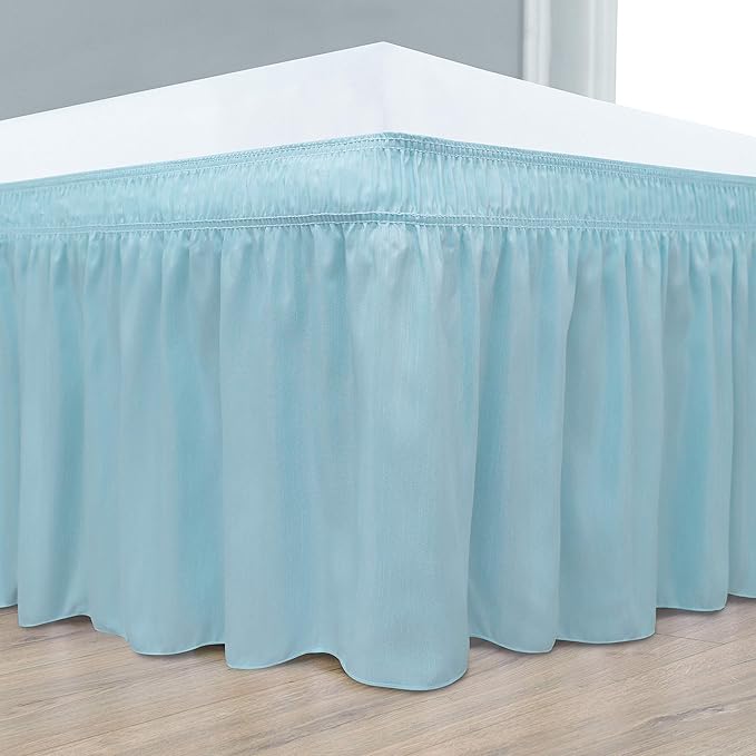 Wrap Around Bed Skirts Elastic Dust Ruffles, Easy Fit Wrinkle and Fade Resistant Silky Microfiber Fabric Solid Color Bedskirt, 12 Inch Tailored Drop Light Blue for Twin XL Size Bed Skirt