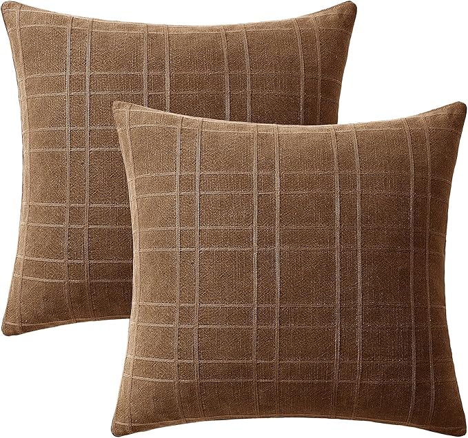 MIULEE Decorative Linen Check Throw Pillow Covers Neutral Farmhouse Vintage Pillow Covers 20x20 Set of 2 Boho Modern Winter Home Decor for Sofa Couch Bedroom Cushion Camel Brown