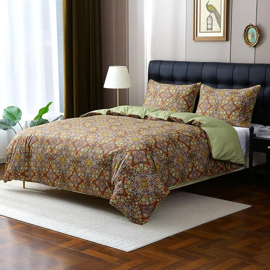 ABREEZE Bohemian Duvet Cover Set Colorful Boho Retro Bedding Set Damask Paisley Cotton Duvet Cover Tribal Reversible Bedding Exotic Style Comforter Cover 3-Piece Queen