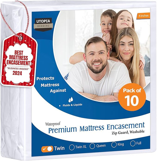 Utopia Bedding Premium Waterproof Bed Bug Mattress Cover, Twin Zippered Mattress Protector, 6 Inches Deep, Dust Mite Proof 6-Sided Mattress Encasement for Bed (Pack of 10)